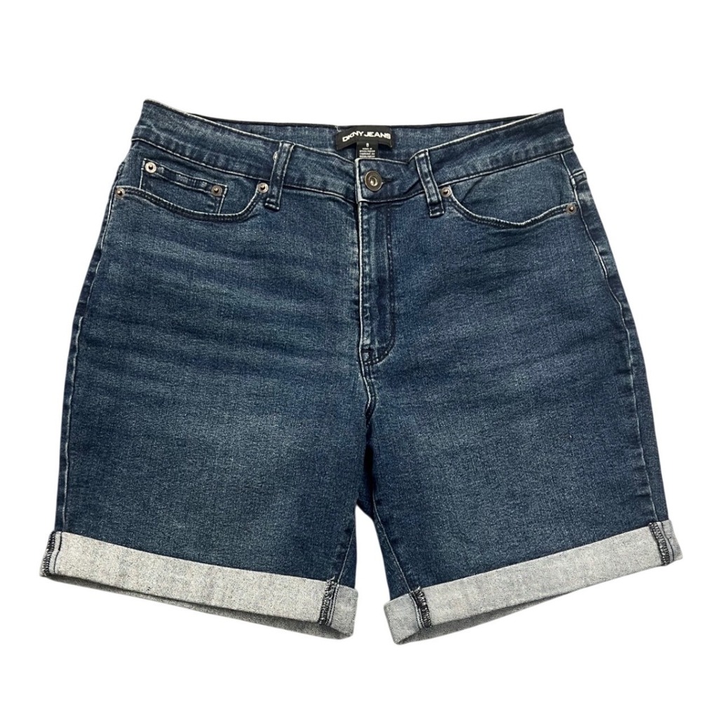 DKNY Jeans Denim Shorts Womens 8 Blue Cuffed Stretch Dark Wash Casual Summer